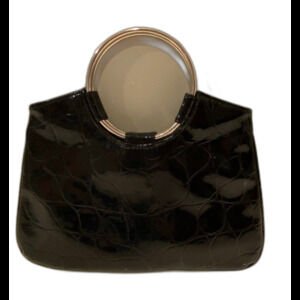 Black Patent Faux Leather Alligator? Print Handbag Unique Silver Hoop Handle